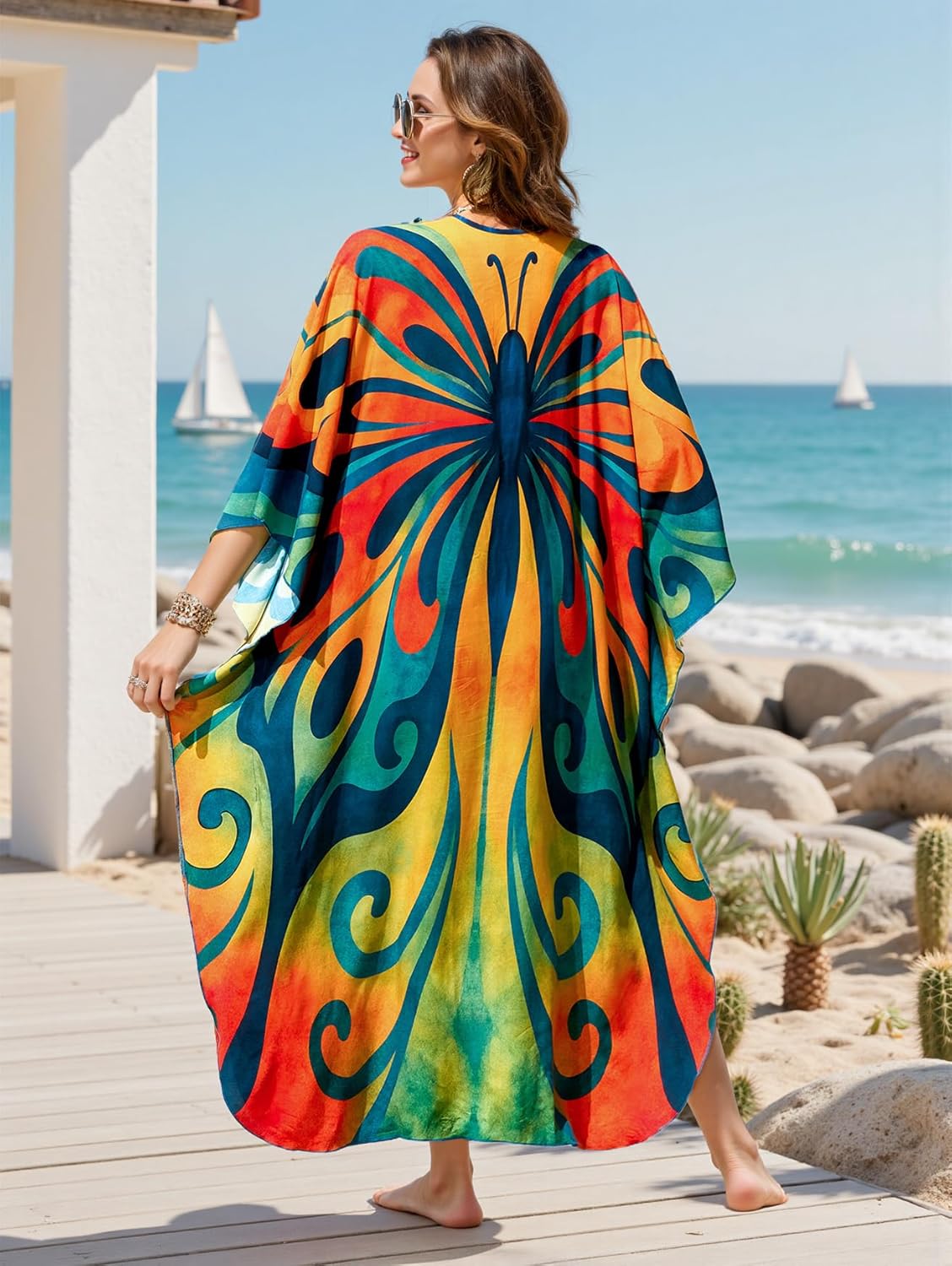 Kaftan Dresses for Women Plus Size Caftan Swimsuit Cover Up, Boho Beach Dress with Batwing Sleeves - Image 6