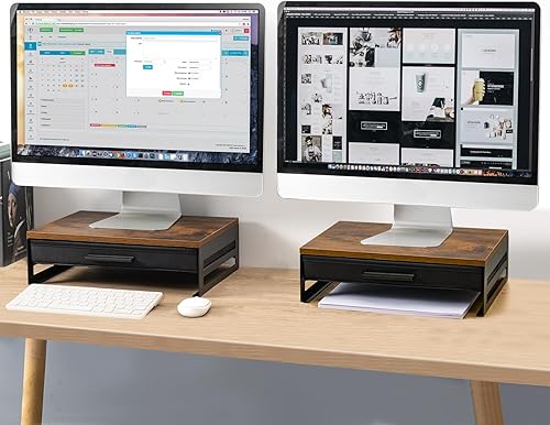 Miniatura 7 de MOTISHELF - Soporte de madera para monitor con cajón, elevador de monitor de escritorio con almacenamiento, estante organizador de escritorio para