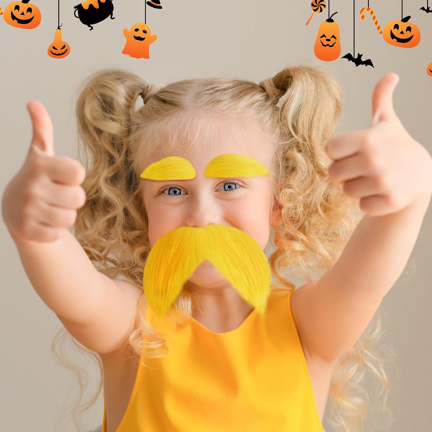 Yellow Mustache and Eyebrows, Self-Adhesive Fake Beard for Adults, Novelty Mustaches for Halloween Costumes, Cosplay, Funny Party Accessories for Men Women