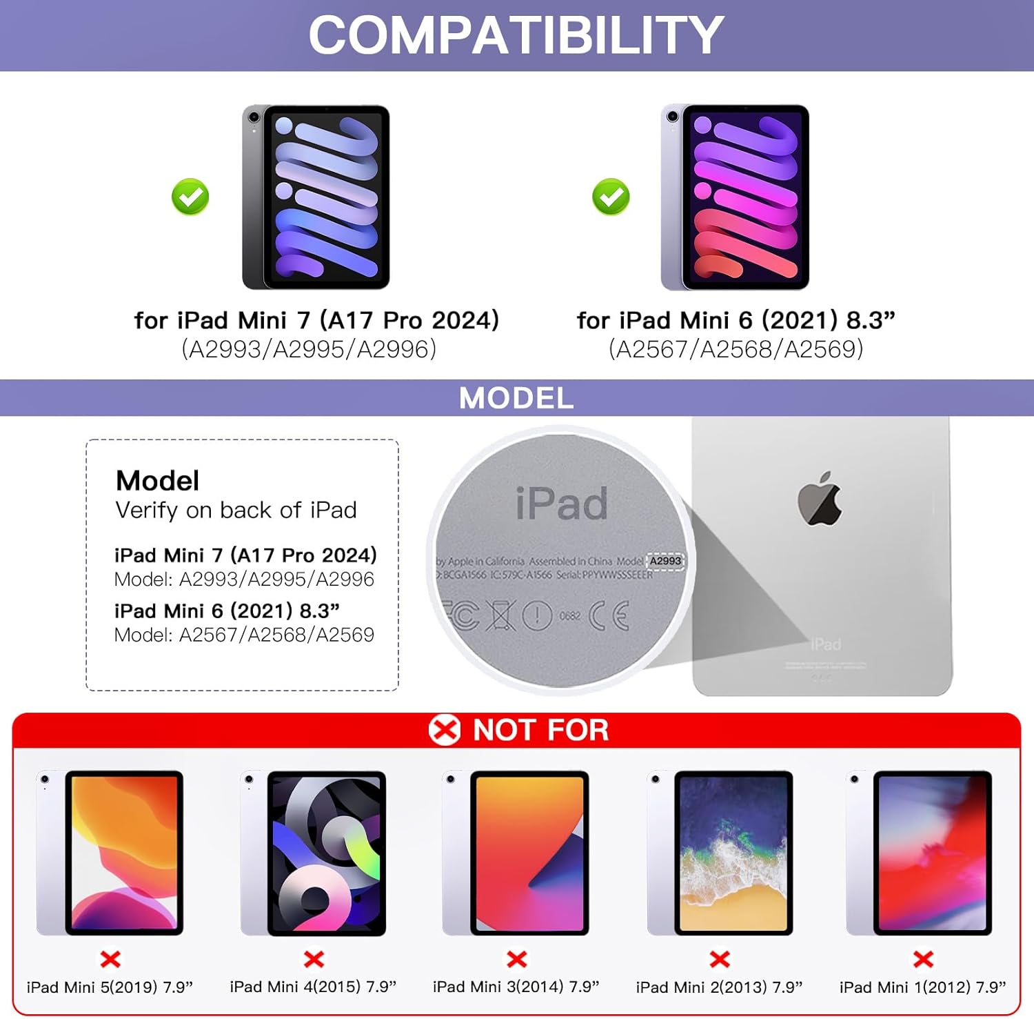 Keyboard Case for iPad mini 7 (2024) & Mini 6 (2021), 360° Rotate Case for iPad mini 7th/6th Generation, 7 Colors Backlit Keyboard Cover with Trackpad, Auto Sleep/Wake, Purple