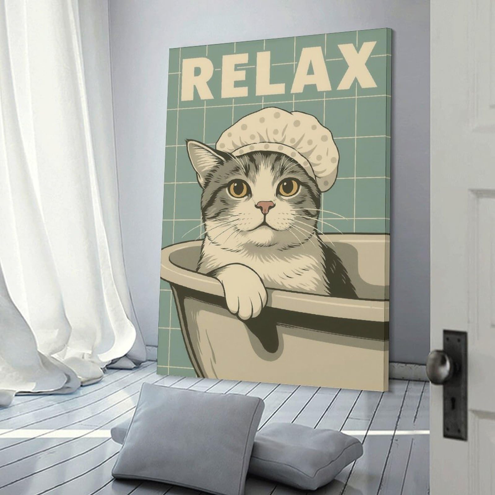 Junmoney Relaxing Cat in Bathtub Illustration Hanging Wall Art, 12x18inch(30x45cm), for New Homes, Bedrooms Or Workspaces, Thoughtful Wall Decor for Art Lovers