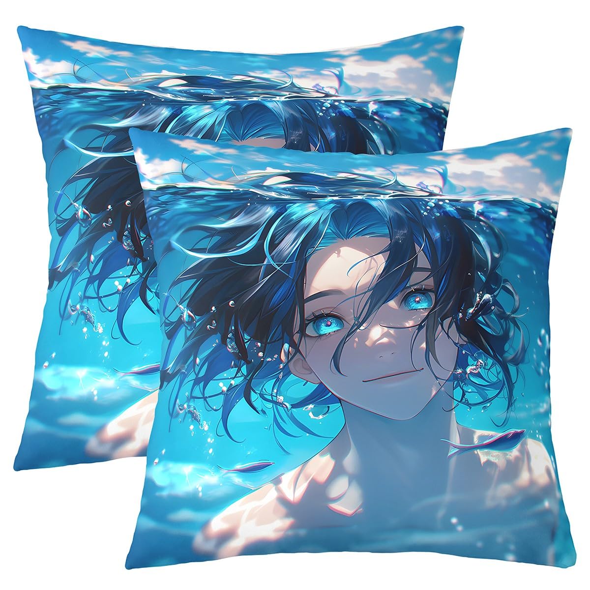 Loussiesd Cartoon Theme Square Cushion Covers Set of 2 Boys Girls 40x40cm Japanese Boy Style Reversible Throw Pillow Covers For Kids Women Men Kawaii Pillow Covers Home Decor Ocean Wave