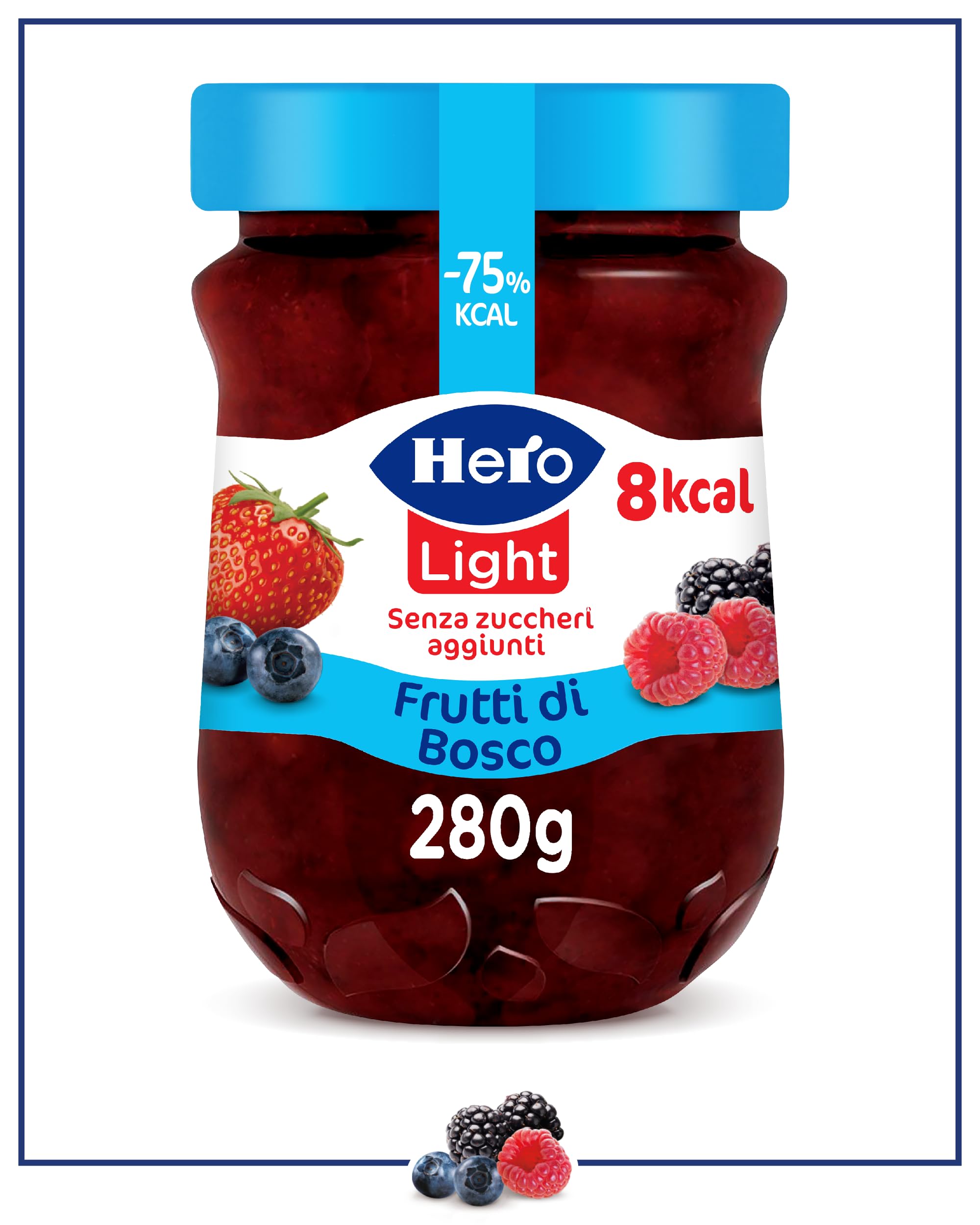 Hero Light Confettura di Frutti di Bosco Light, 8 Vasetti da 280 gr, Marmellata e Confettura Extra, Frutta di Alta Qualità, Senza Conservanti e Coloranti, Pochissime Calorie per Porzione