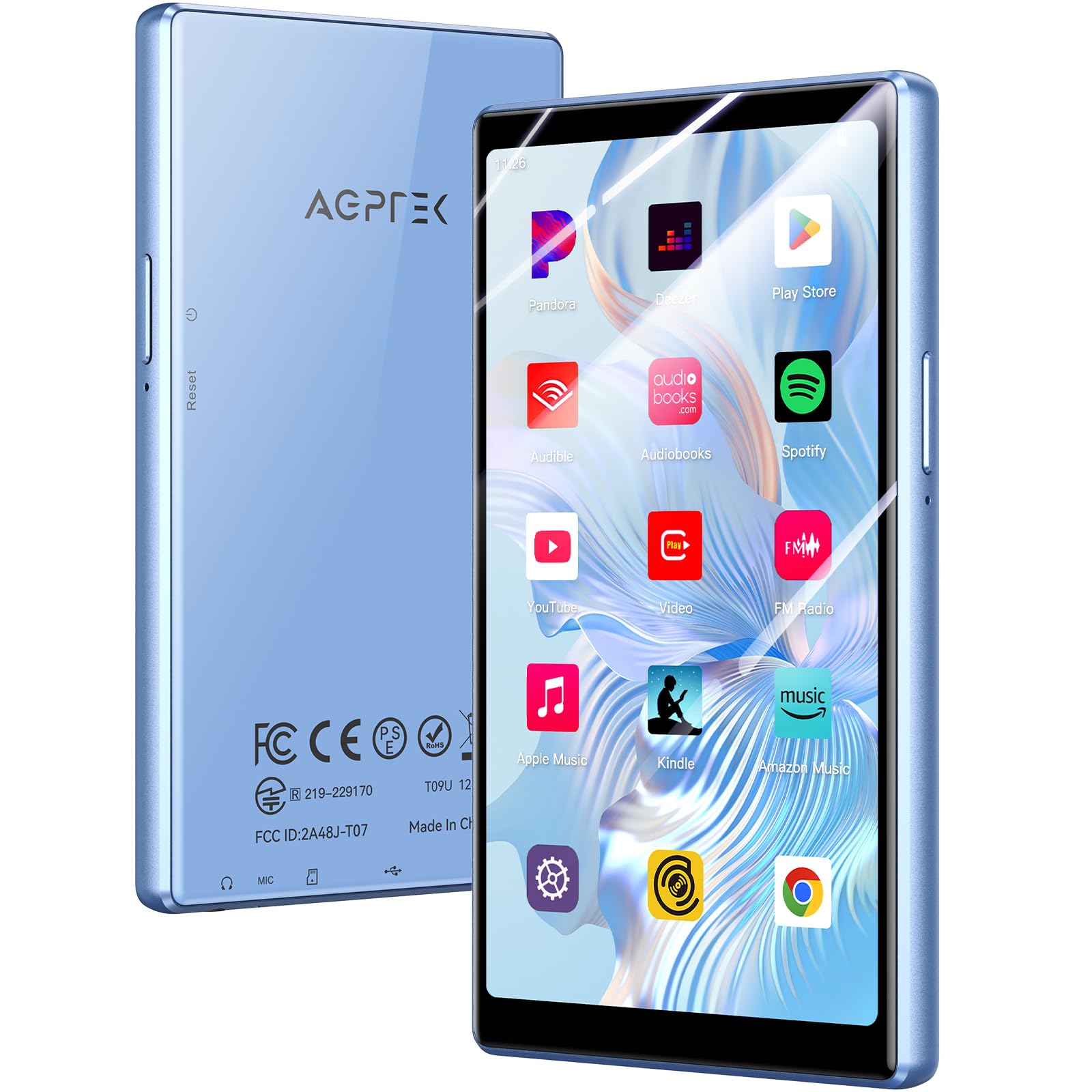 AGPTEK 128GB Reproductor MP3 Spotify con Bluetooth y WiFi, Android 13 MP4 Reproductor de 5'', Reproductor de Música MP4，MP3 Player con Spotify, Audible, App Store, Amazon Music, hasta 1 TB, Azul