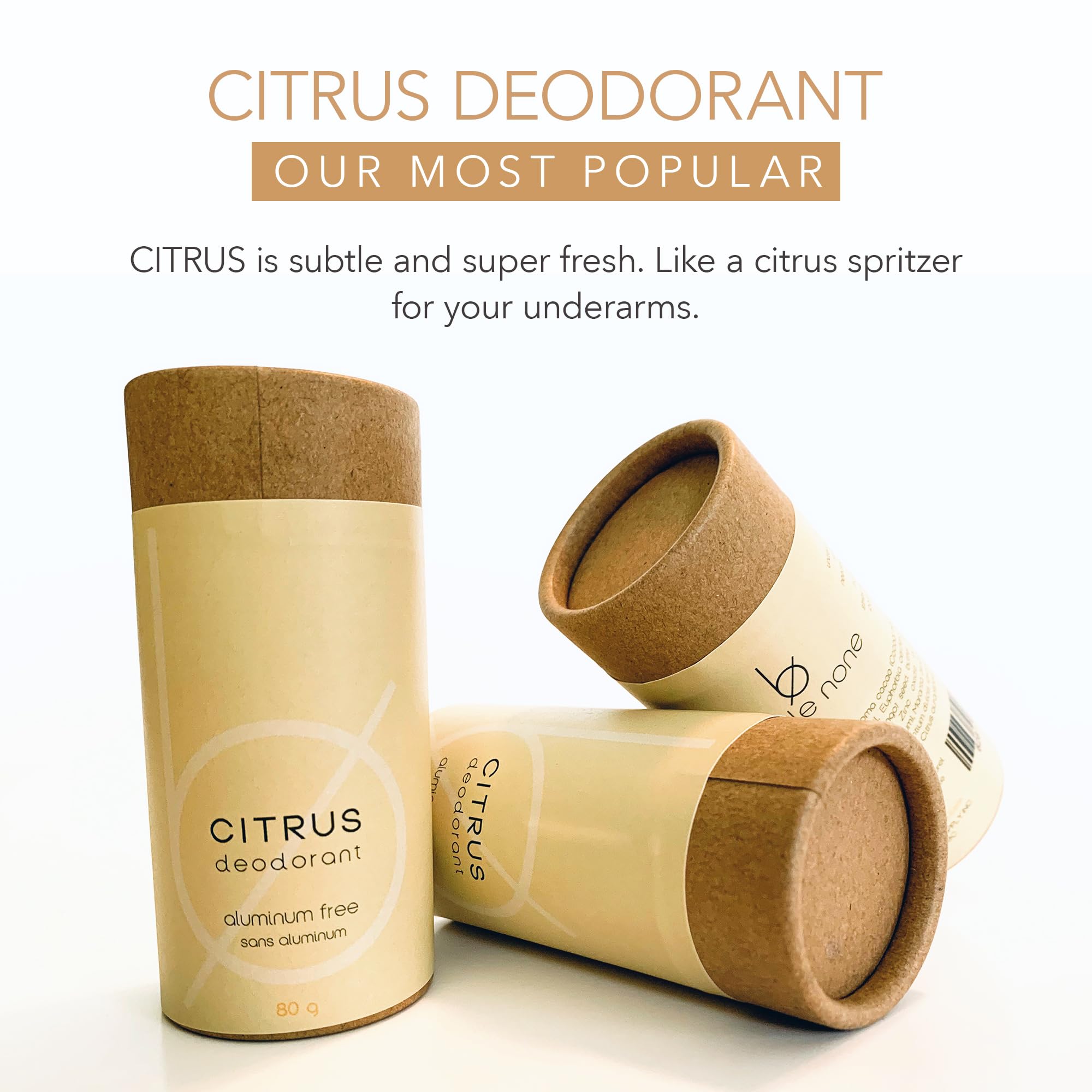 BOTTLE NONE | Citrus Most Popular Deodorant | Aluminum Free Deodorant with Zinc, Baking Soda and Therapeutic Grade Essential Oil | Citrus Scent | Lasts 6+ Months