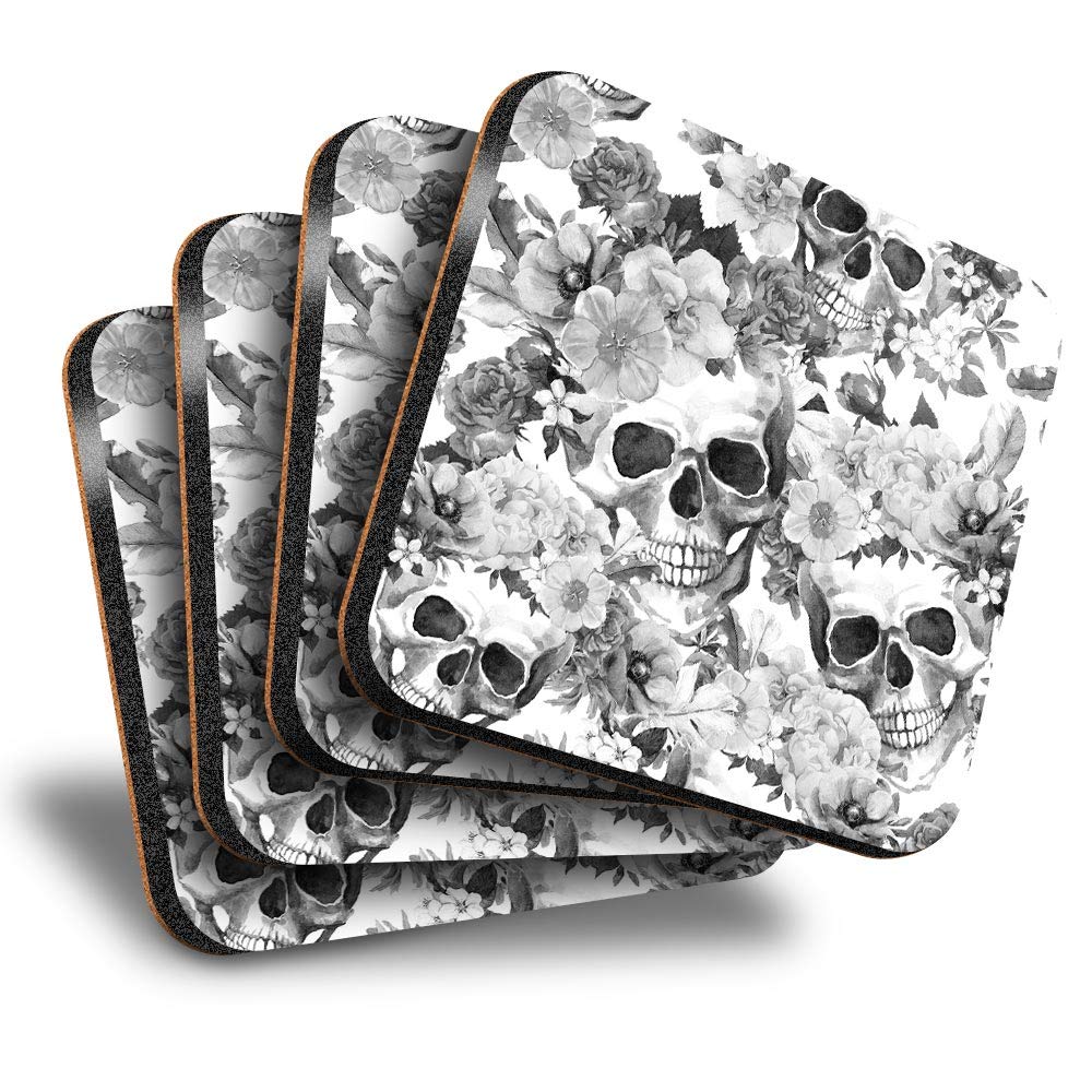 Destination Vinyl Ltd Great Coasters (Set of 4) Square - BW - Flowery Sugar Skull Flowers Drink Glossy Coasters/Tabletop Protection for Any Table Type #35743