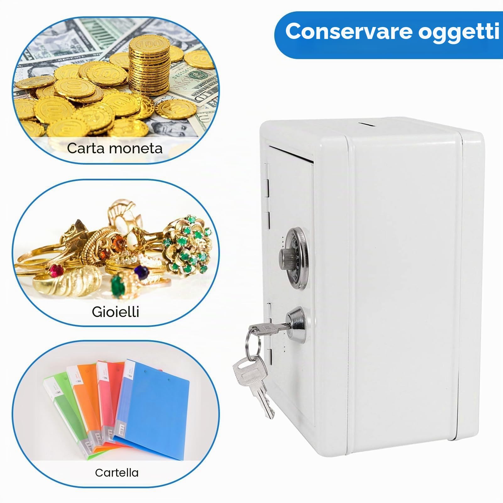 Cassaforte per risparmi, Salvadanaio in metallo a forma di cassaforte con 2 chiave, gettoniera mini banca sicura contenitore per barattolo, Salvadanaio Password con fessura per monete per bambini