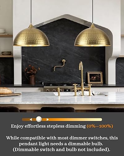 Miniatura 9 de Paquete de 2 luces colgantes doradas para isla de cocina, lámpara colgante de cúpula martillada de 12 pulgadas, luces colgantes de cocina de granja,