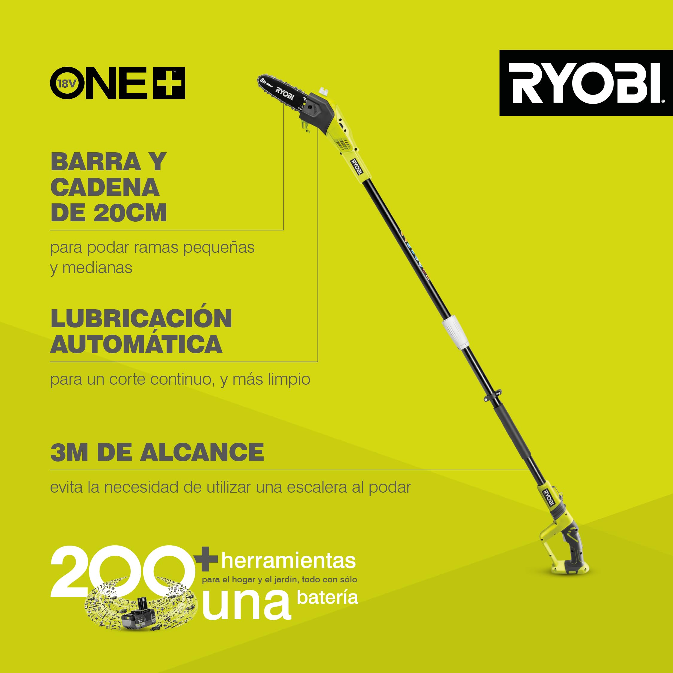 RYOBI - Podadora Eléctrica de Pértiga Inalámbrica a Batería 18V ONE+ - Pequeña Poda, Desrame y Uso Doméstico - Precisión, Comodidad y Seguridad de Corte - OPP1820