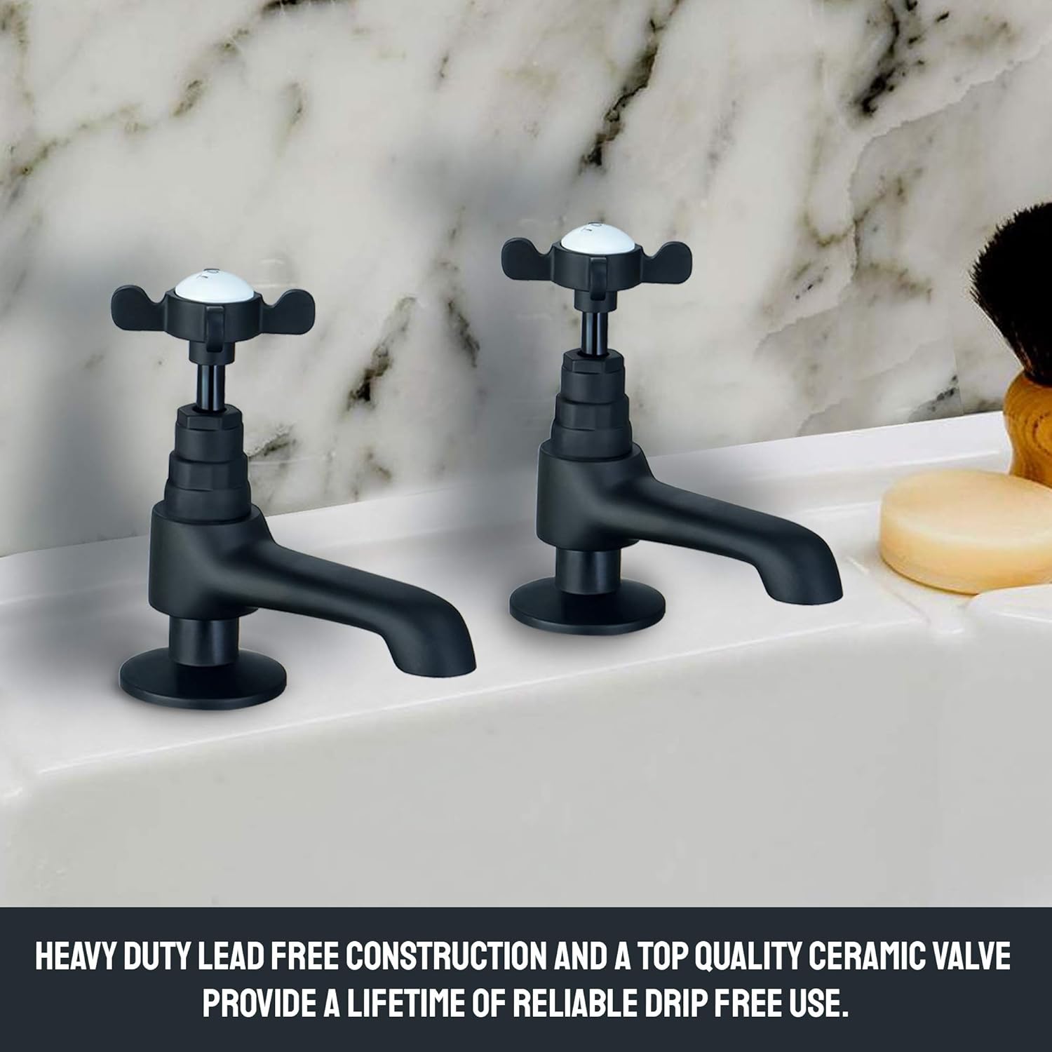 Traditional Bath Taps Pair Hot and Cold for Bathroom Tub Victorian Matte Black Cross Head ...