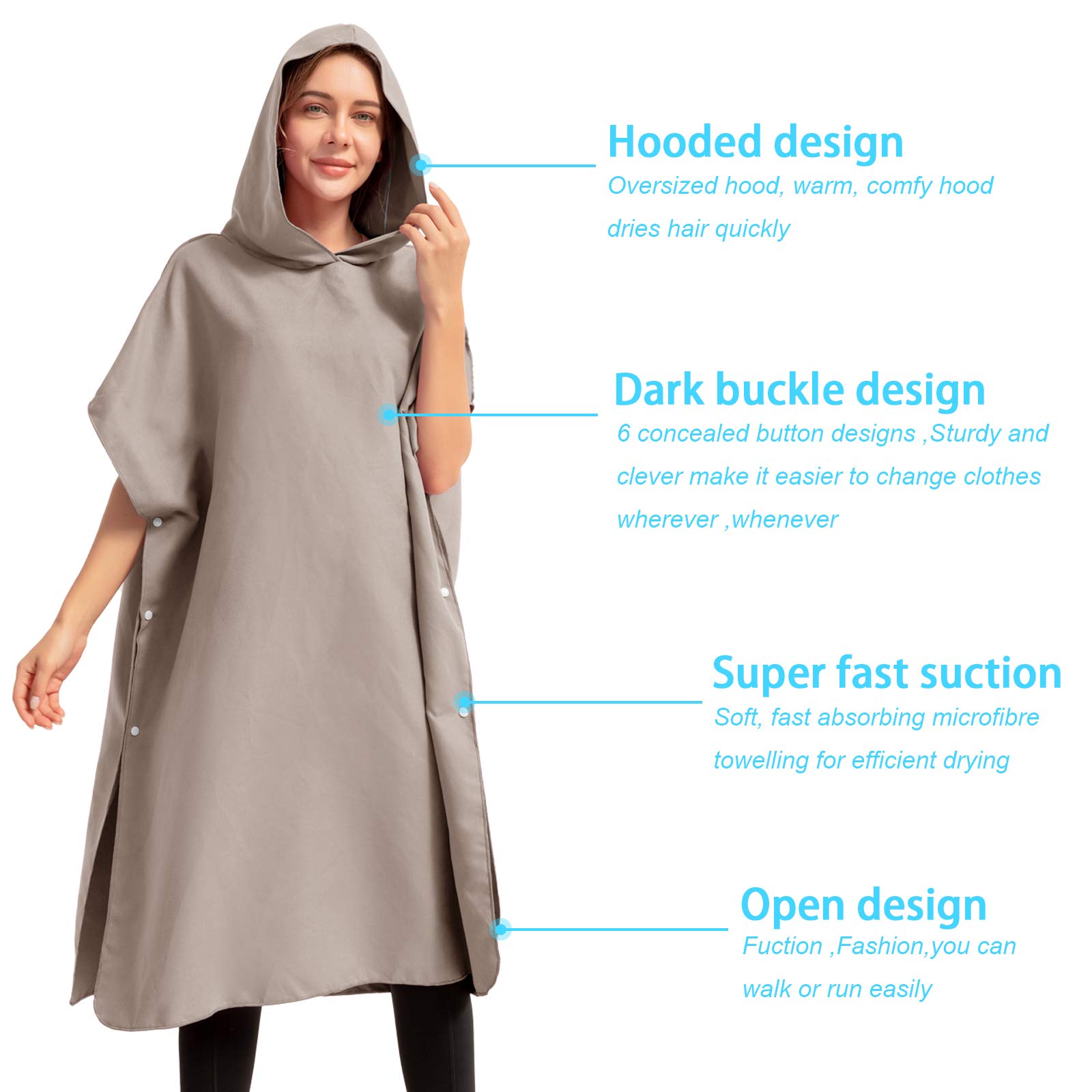 MIFXIN Beach Towel Changing Robe Microfiber Surf Beach Wetsuit Poncho Robe Hooded Quick Drying Surfing Swimming Beach Bath Towel One Size for Adult Men Women (Light Grey)