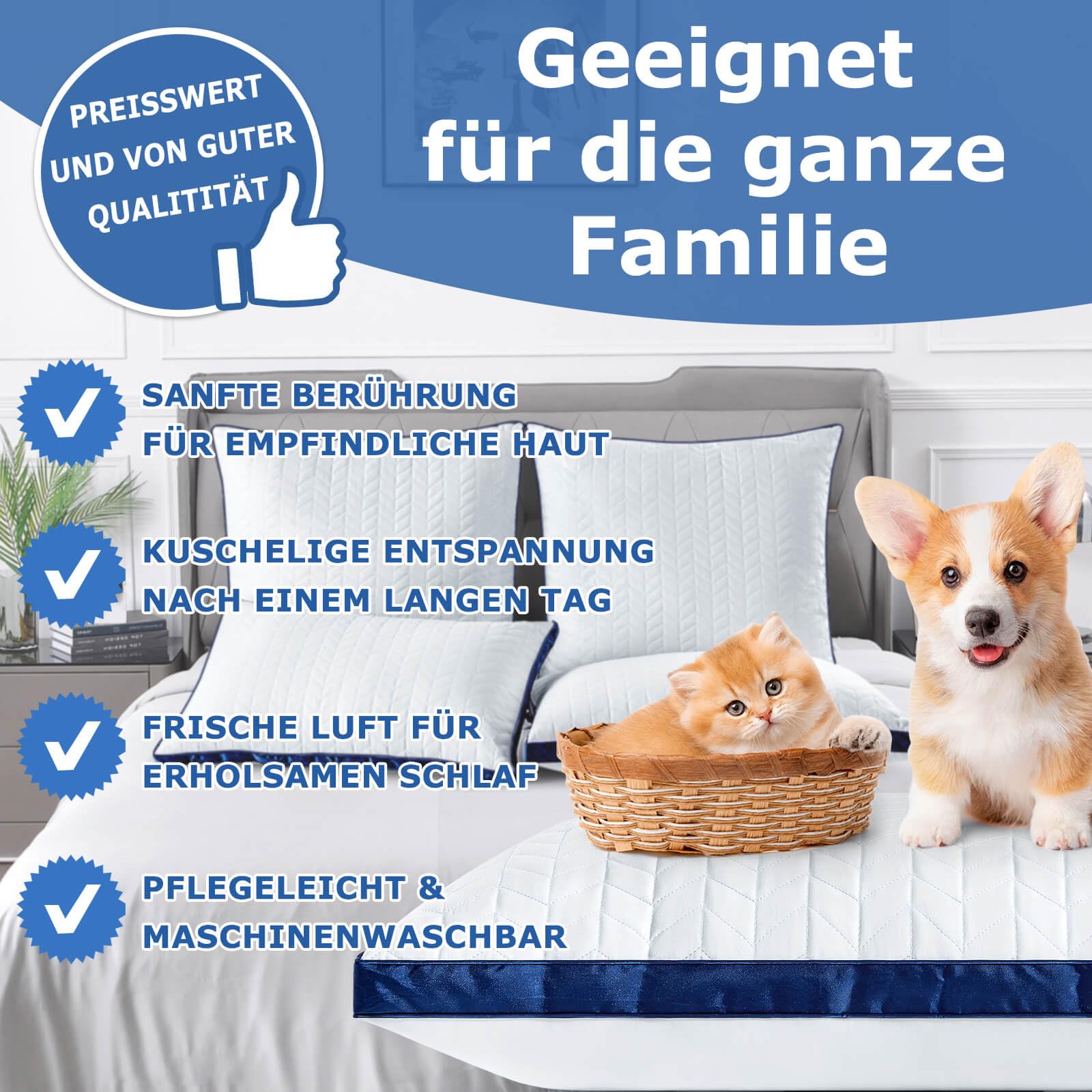 Kopfkissen Kissen 40x80 2er Set - 2 Stück Seitenschläferkissen, orthopädisches Kissen mit hochwertiger Füllung und atmungsaktivem Bezug für Schläfer, Waschbare Schlafkissen, weich & stützend