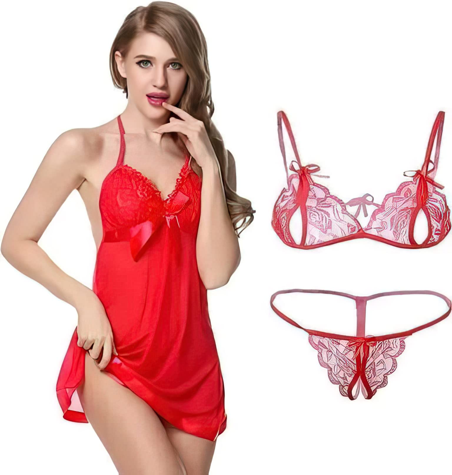Special Combo Offer!! Pack of 2!! Nightwear Dress Babydoll Women's Polyester Spandex & Lace Floral Above Knee Baby Doll Sexy Honeymoon Dress Bra Panty-image-30