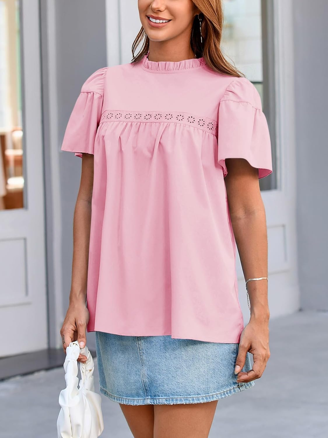 Tankaneo Womens Ruffle Short Sleeve Babydoll Tops Peplum Mock Neck Blouse Casual Loose Fit Pleated Tunic Shirts - Image 4