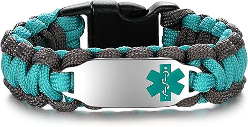 Pulseras de alerta médica para hombres y mujeres, pulsera de emergencia médica de acero inoxidable, hecha a mano, cuerda de paracaídas trenzada,