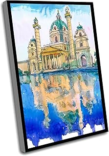 Women Bedroom Decor,Blue Office Decor,Vienna Austria Print,Wall Art Europe Watercolor Painting Wien Cityscape Wall Art St. Charles'S Church,12x16 Inch Framed Wall Art