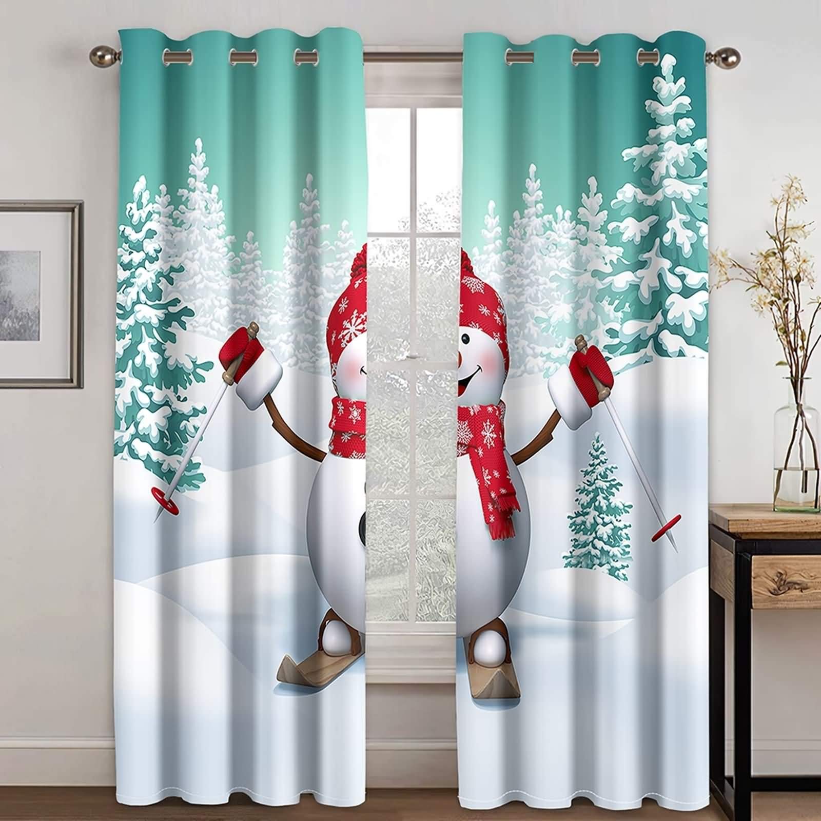 Epinki Zasłony poliestrowe białe zielone narty bałwan zasłony zaciemniające, dostępne w 21 rozmiarach, rozmiar 274 x 115 cm