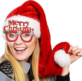 Long Red Santa Hat with White Plush Brim for Adults and Red Santa Xmas Sunglass - Christmas Theme New Year Festival Party Supplies Decorations