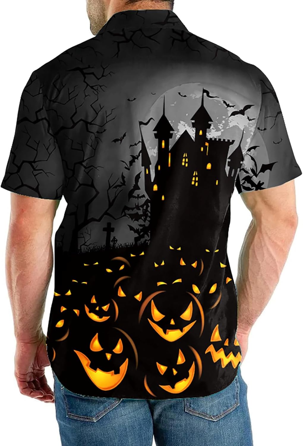 Eciodci Men's Halloween Button Down Shirt Pumpkin Skull 3D Printed Novelty Funny Short Sleeve Shirts for Men - Image 4