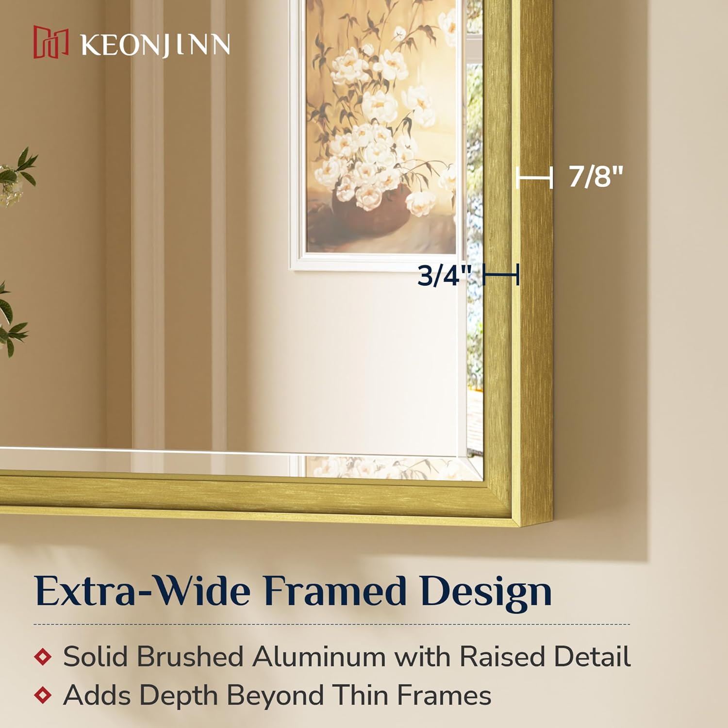 Keonjinn 30" x 36" Gold Bathroom Mirror, Beveled Edge Tempered Glass, Decorative Aluminum Alloy Frame, Rustproof, Modern Farmhouse Style, Rectangle Brushed Gold Vanity Wall Mirrors with Square Corner Gold 36"L x 30"W