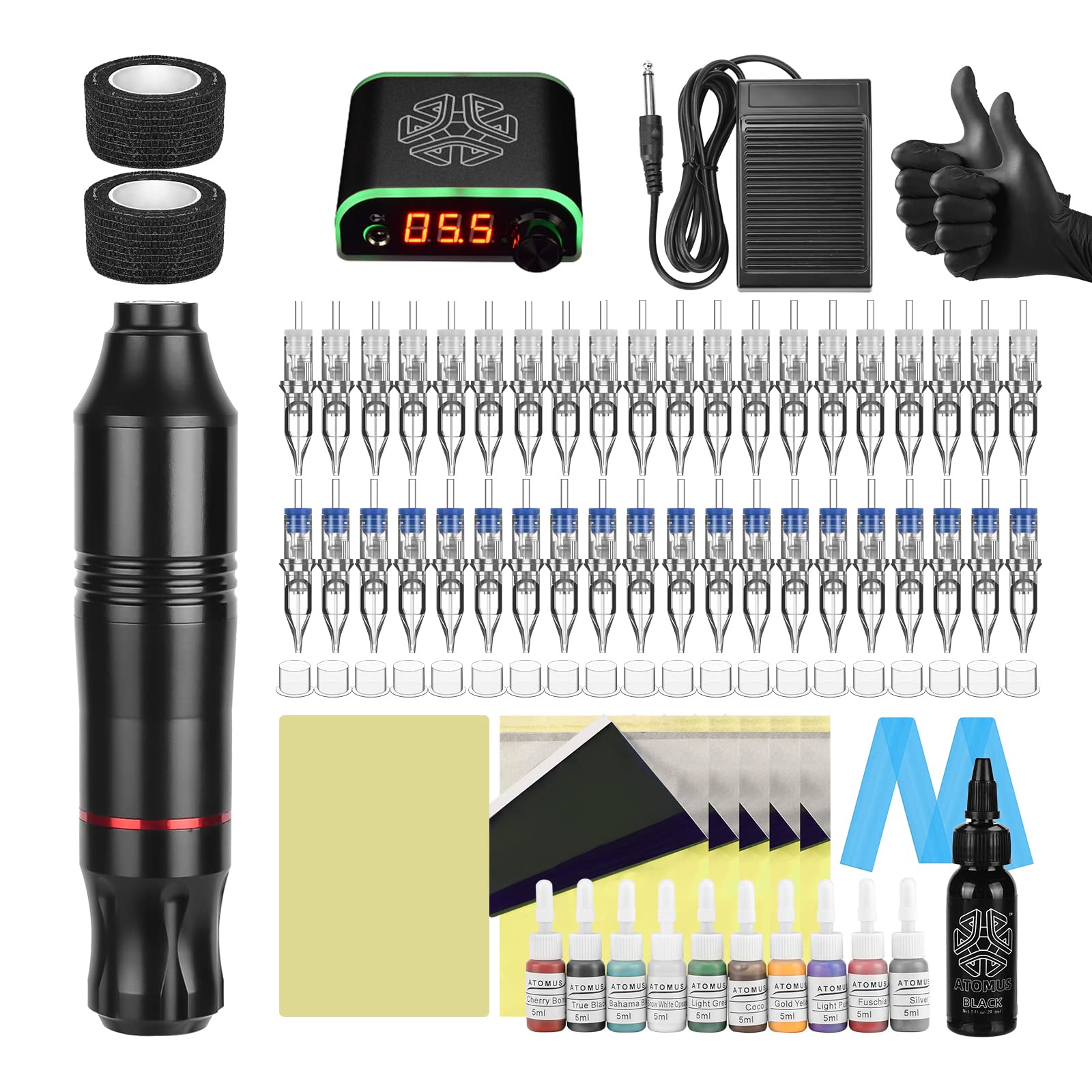 ATOMUS Tattoo Pen Kit Professional Cartridge Tattoo Machine Kit Complete Tattoo Cartridge Needles Power Supply Inks Caps Kit for Tattoo Artist