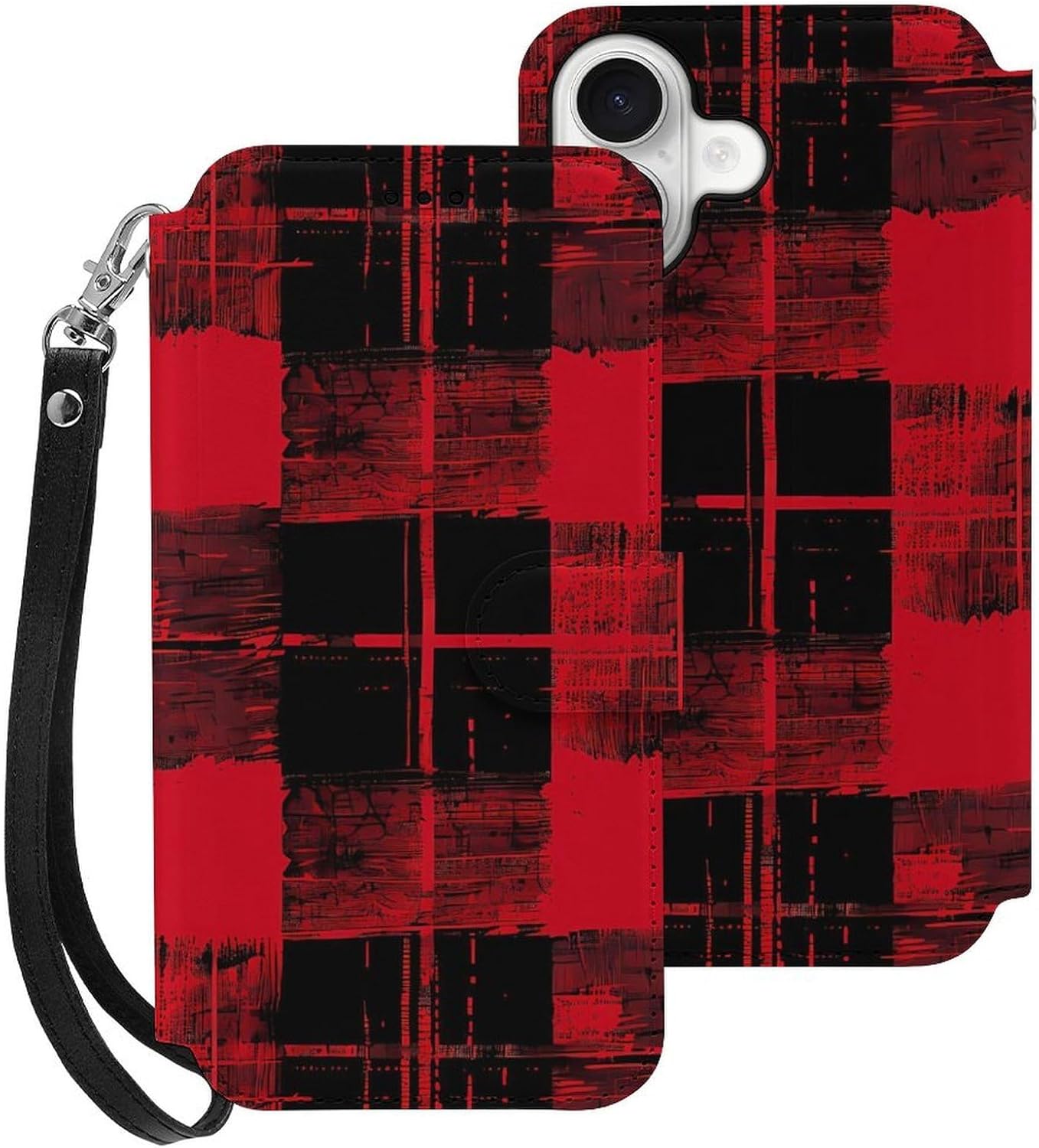 Vintage Red Plaid Black Graffiti Compatible with iPhone 16/16 Plus/16 Pro/16 Pro Max/16 E Case Phone Wallet Card Holder Flip Cover with Wrist Strap