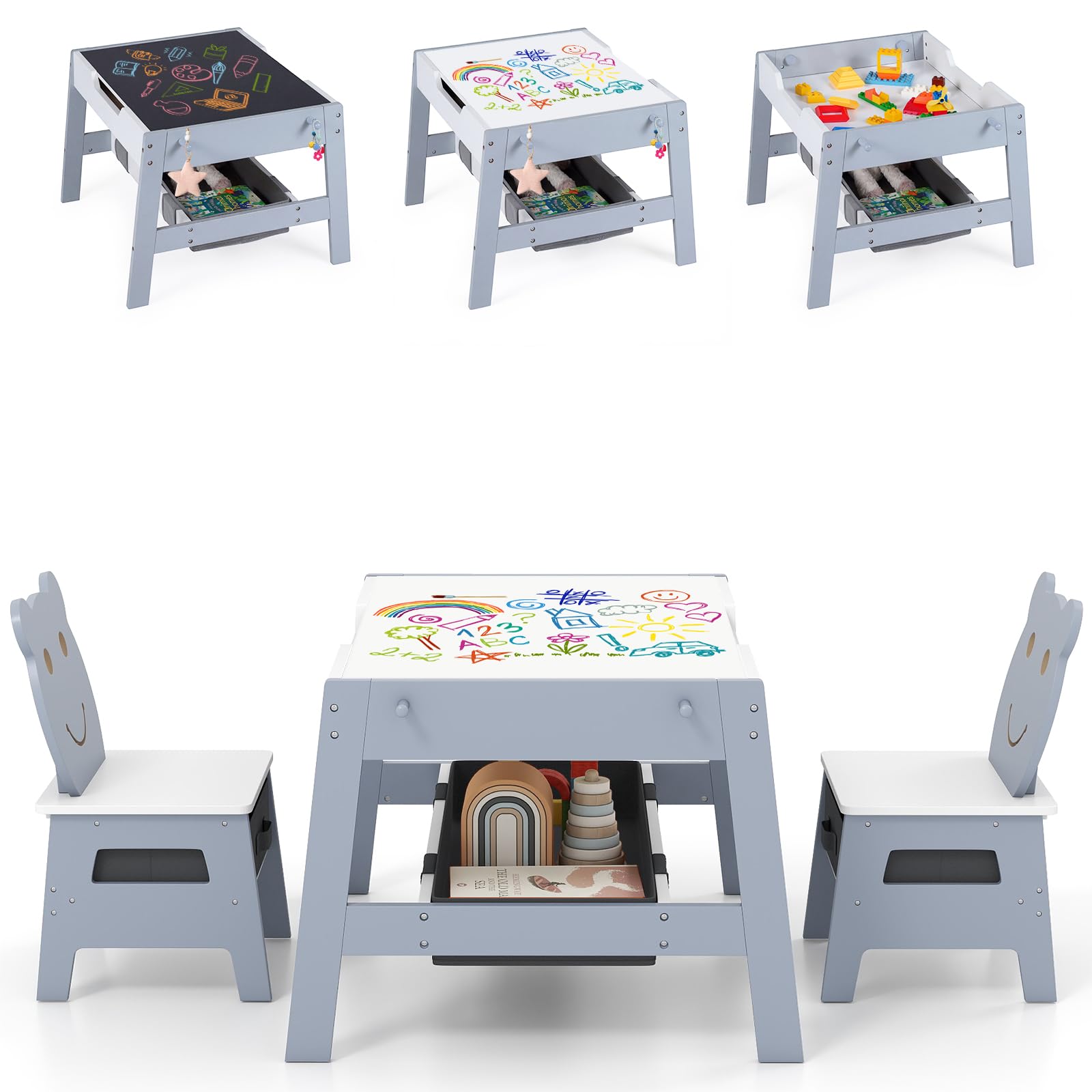 LIFEZEAL Mesa infantil 5 en 1 con 2 sillas, mesa de pintura, mesa de actividades, mesa de mesa y mesa de juegos con compartimento de almacenamiento, silla infantil con cajas, juego de asientos