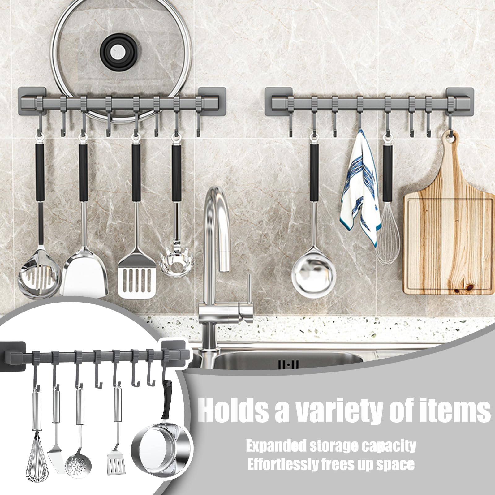 Ylinwtech Gancio da cucina senza foratura,Porta utensili da cucina autoadesivo,Porta mestoli da cucina,Per uso in cucina e bagno,8 ganci