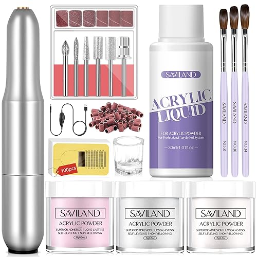 SAVILAND Kit de uñas acrílicas con taladro, juego de polvo acrílico y líquido transparenteblancorosa, pinceles de uñas acrílicas de 0.5 onzas, kit