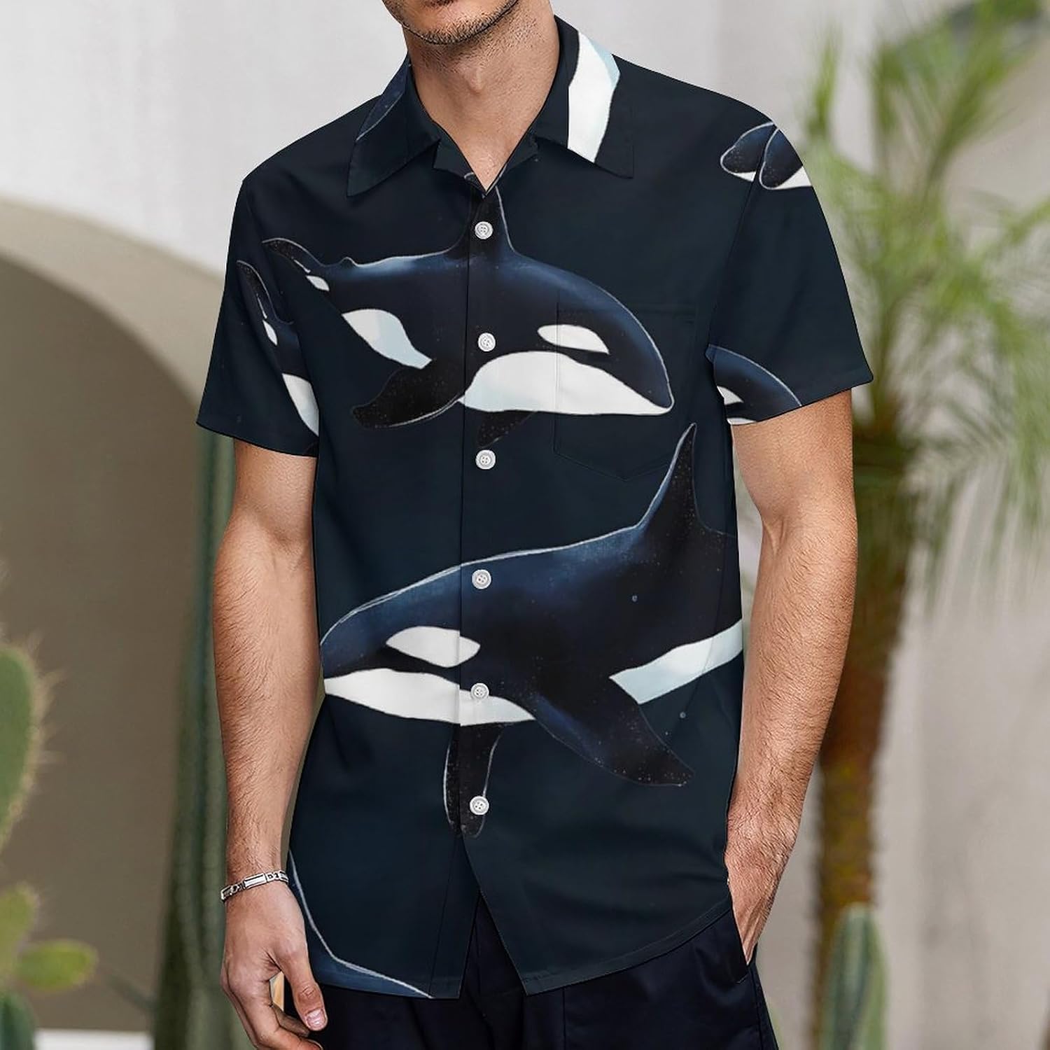 Orca Killer Whale Mens Button Down Shirts Casual Short Sleeve Beach Tees Tops with Pockets Summer Clothes
