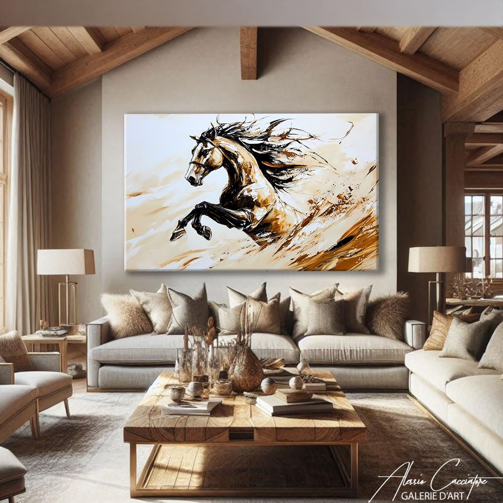 Quadro a forma di cavallo astratto – Poster decorativo da parete con animali – Stampa su tela tono beige – Quadro da parete decorativo per soggiorno, grande formato (40 x 30 cm)