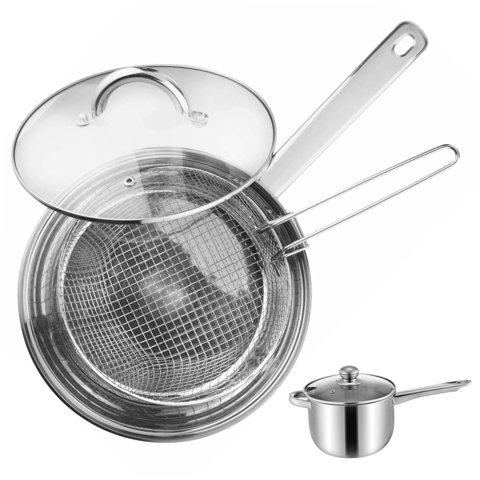Sartenes para Patatas Fritas con Cesta y Tapa Olla freidora de Acero Inoxidable de 7 7 Pulgadas de diámetro con Cesta y asa para freír Pescado camarones Pollo Patatas Fritas