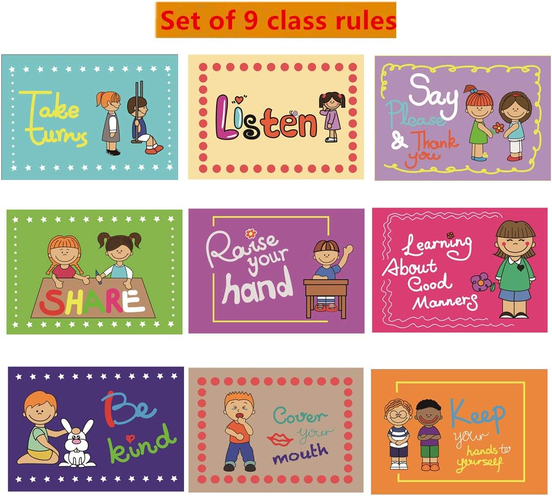 SANTSUN 9 Good Habits Polite Class Rules Teacher Classroom Signs.English Poster Classroom Wall Decoration. Class Organization Charts.