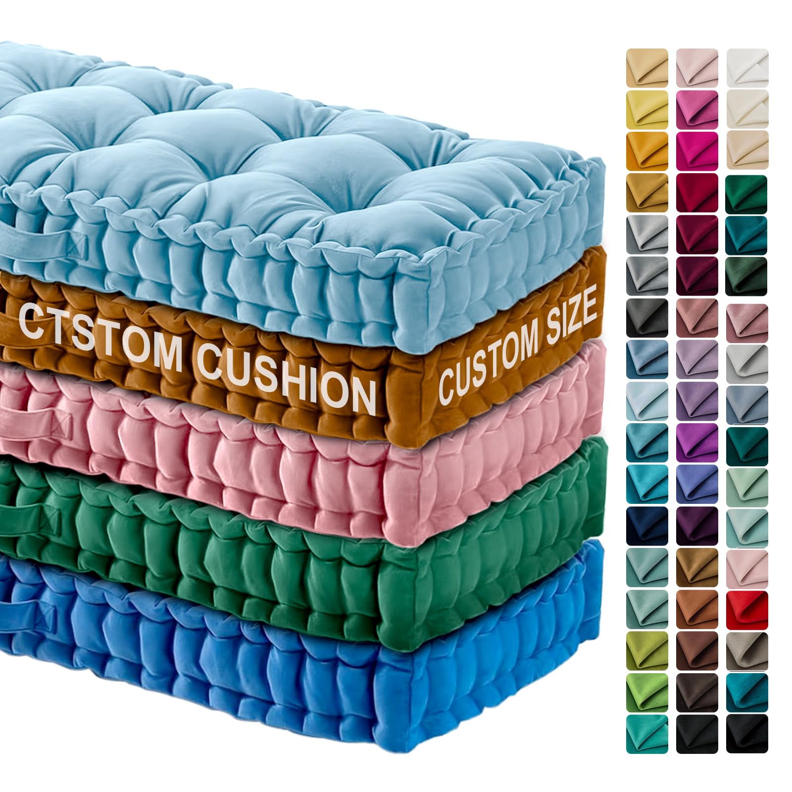Custom Tufted Bench Cushion,Bench Seat Cushions, Velvet Window Seat Cushion with Anti-Slip Mat and Handle