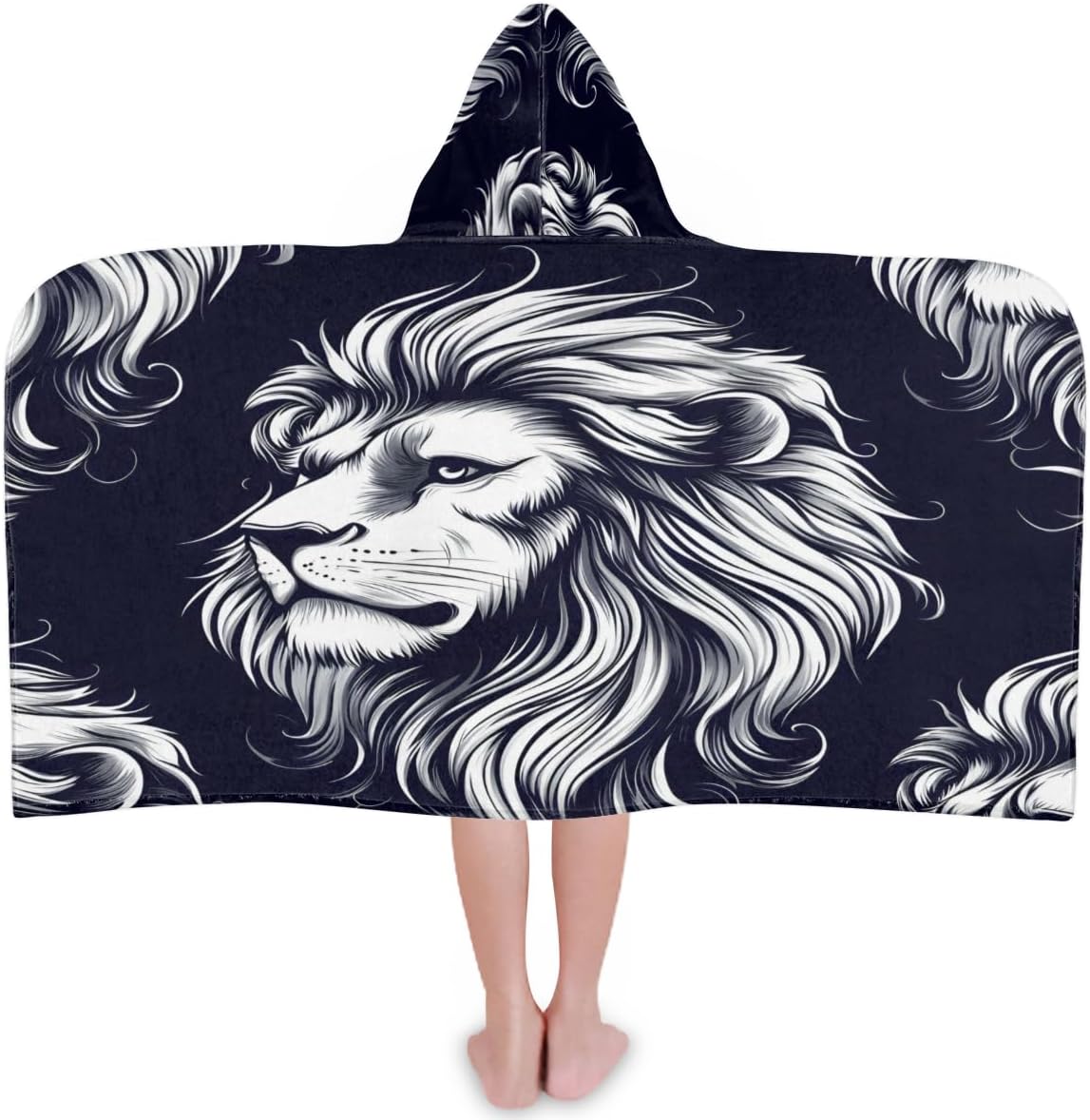 Kids Hooded Bath Towel for Boys Girls, Animal Lion Head Black White Cotton Hooded Beach Towel Wearable Wrap Poncho for Toddler Swimming Pool