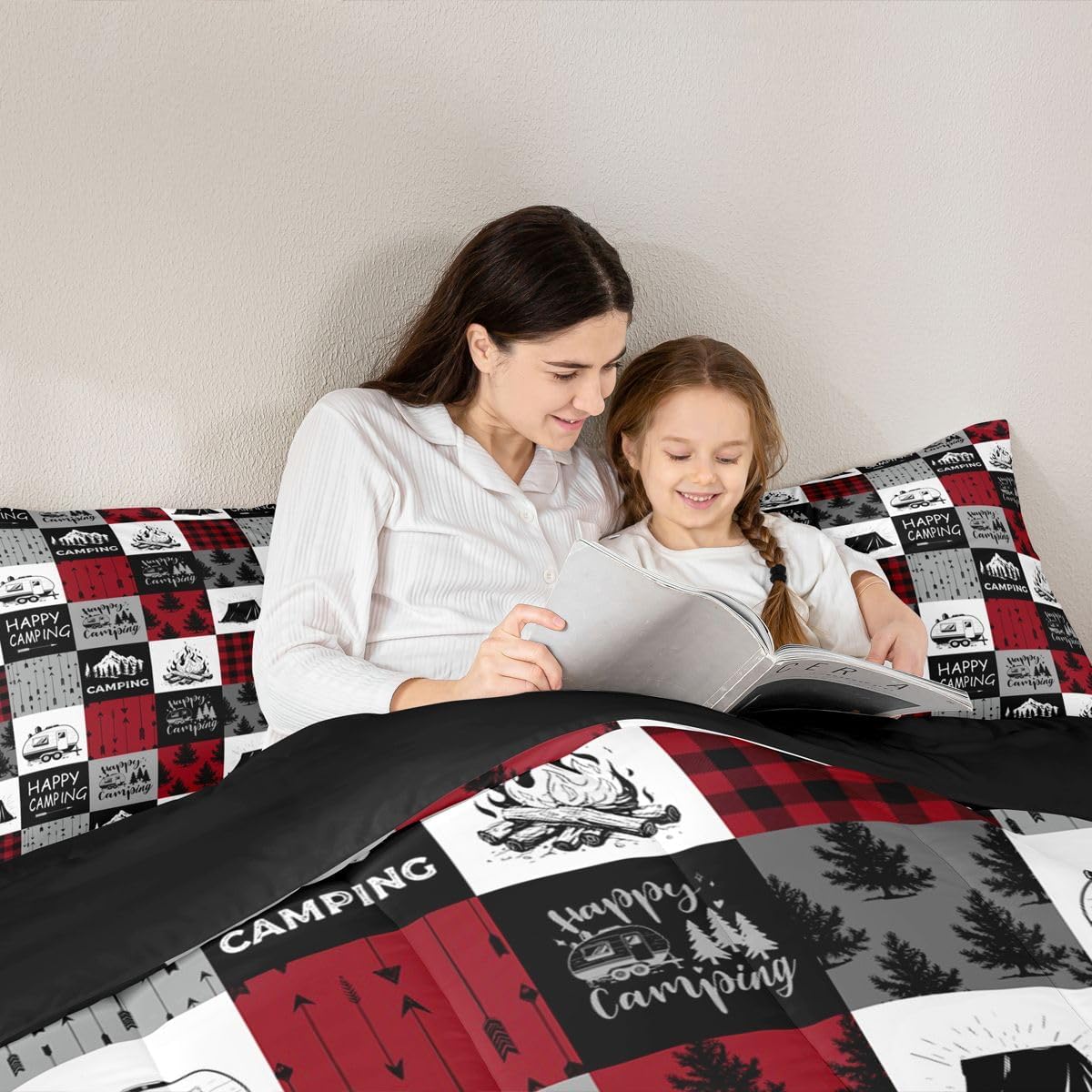 Erosebridal Happy Camping Down Comforter, Boys Rustic Camper Bedding Set Queen Size, Country Tent Bonfire Comforter Set for Kids Teens Adult, Geometric Checkered Farmhouse Bedding Comforters