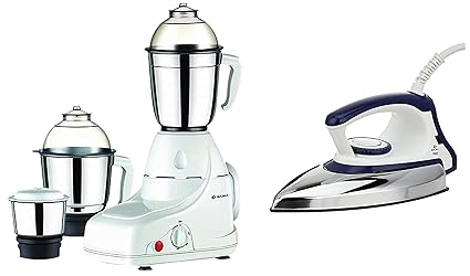 Bajaj GX-8 750W Mixer Grinder with Nutri Pro Feature, 3 Jars, White & Majesty DX-11 1000W Dry Iron with Advance Soleplate and Anti-bacterial German Coating Technology, White and Blue