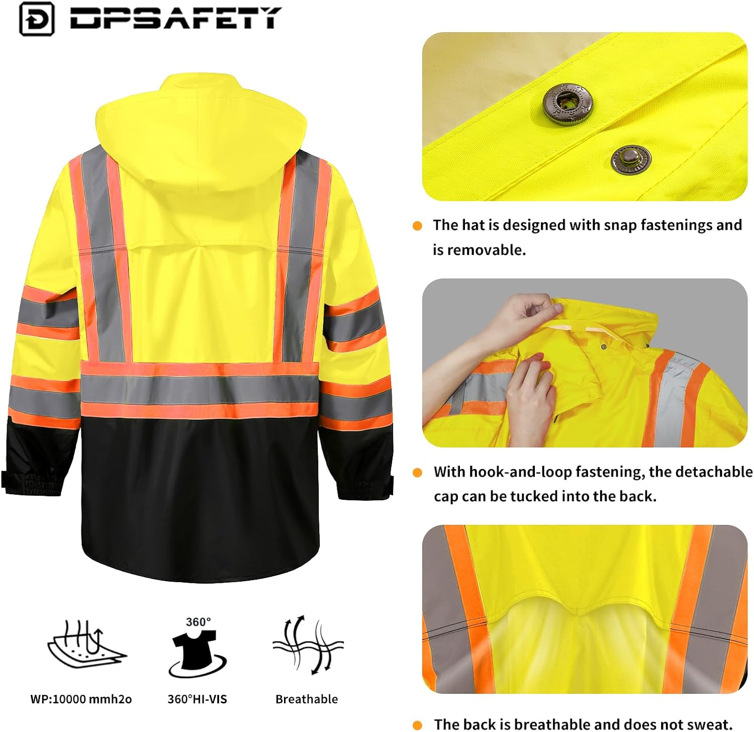 Reflective Rain jackets for men waterproof,Hi Vis Safety Coat With Reflective Strips,High Visibility Class 3 Rain jackets With 2 large pockets,Zipper,Lime,SM/MD - Image 4