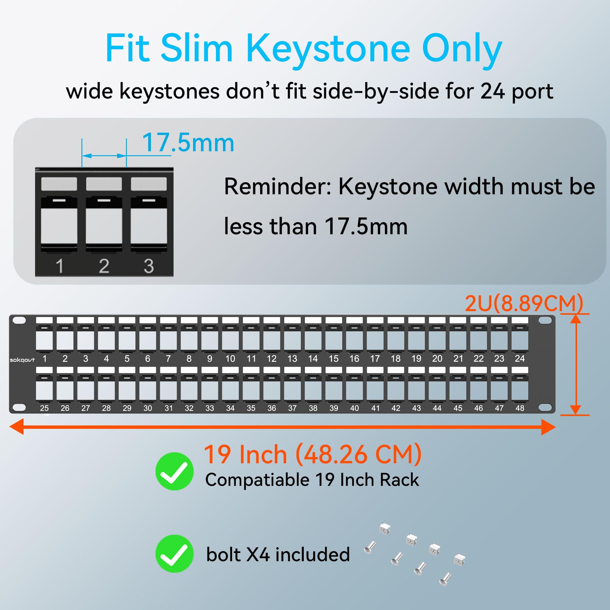 Sokqovt Panel de conexión Keystone en blanco de 48 puertos con diseño a presión, panel de conexión de red Cat6 2U de 19 pulgadas, panel de conexión Ethernet de montaje en rack (solo para Keystone