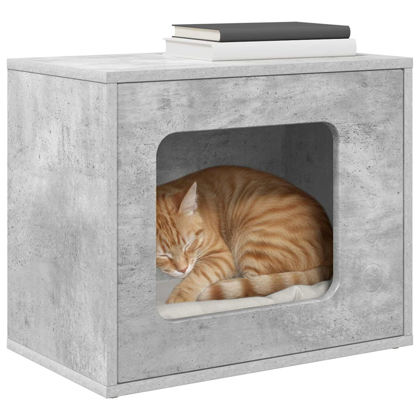 Katzenhaus Indoor in Beton-Optik, 51 x 30 x 42,5 cm stabiles Katzenmöbel aus Holzwerkstoff, Moderne Katzenhöhle für das Wohnzimmer, Belastbarkeit bis 60 kg