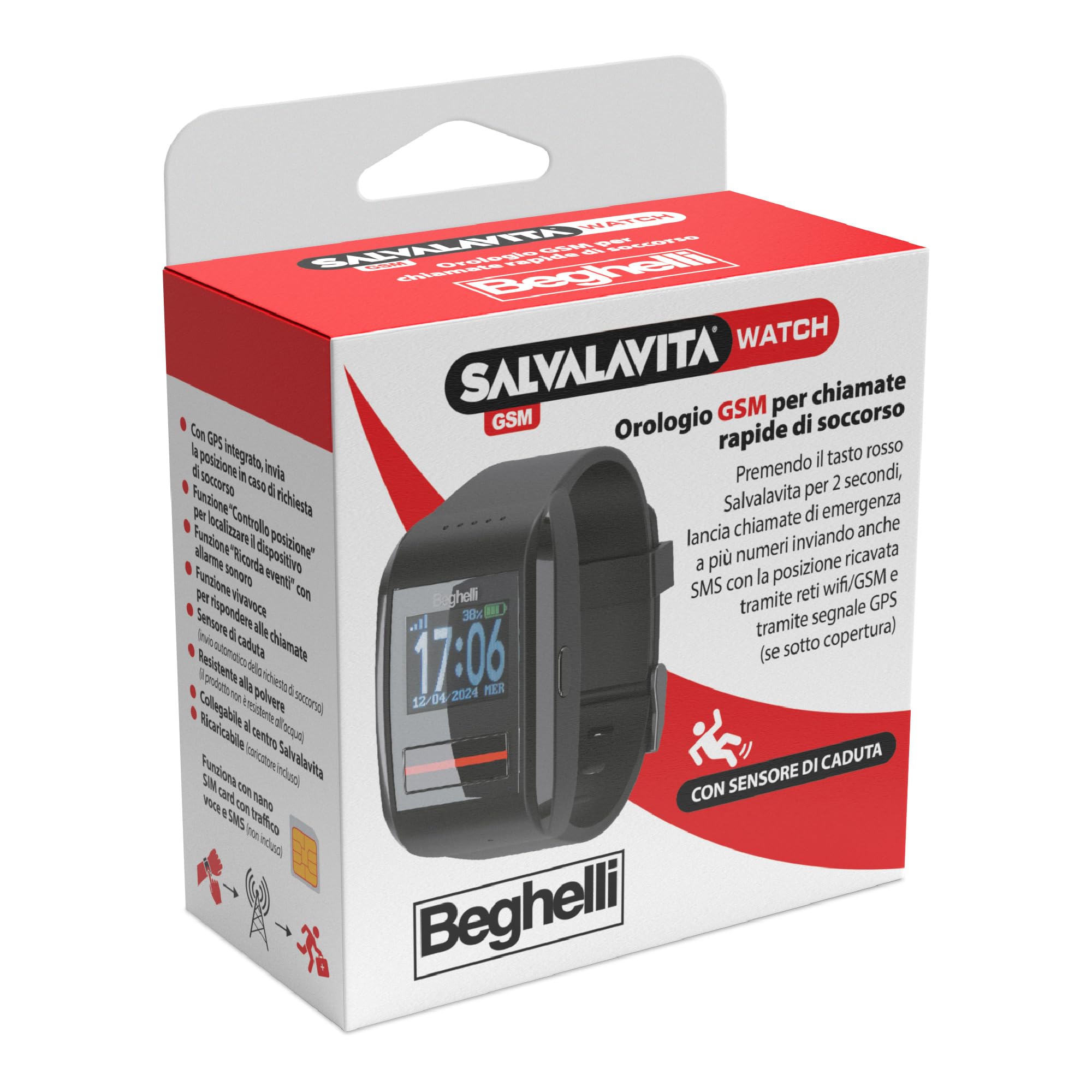 Beghelli - Orologio Salvalavita Anziani, Dispositivo Telesoccorso GSM,  Chiamate Rapide di Soccorso Fino a 9 Numeri, Nano SIM CARD, GPS, Sensore di  Caduta, Resistente Acqua e Polvere : Amazon.it: Elettronica