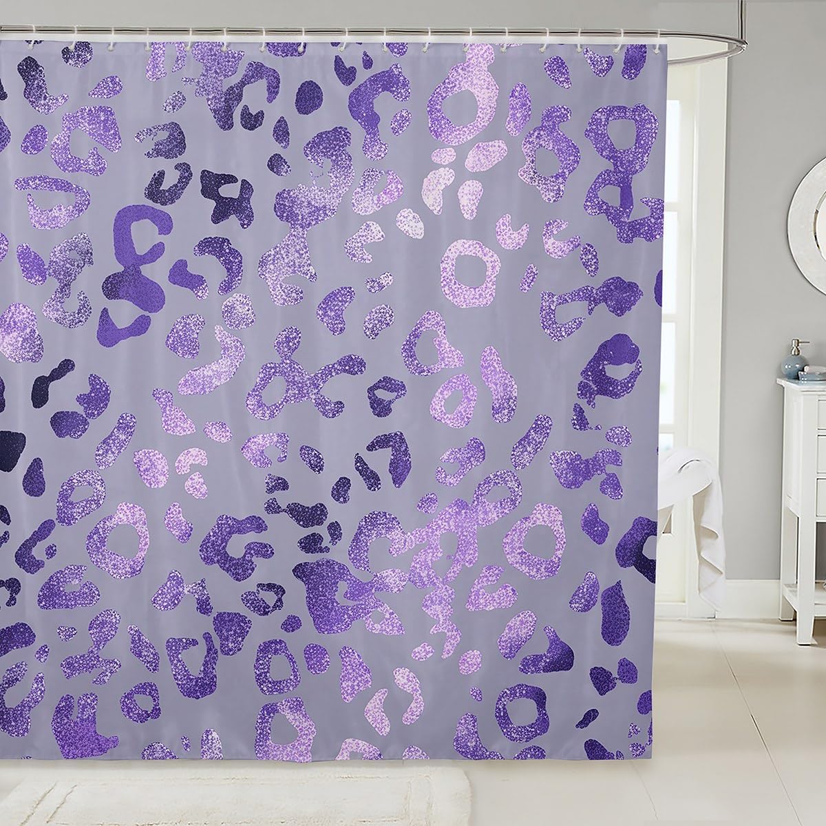 Decorative Purple Leopard Printed Shower Curtain Waterproof Polyester Fabric,Purple Glitter Bath Curtain Home Bathroom Decor Hanging Curtain with Hooks 72 x 78 Inch,Machine Washable