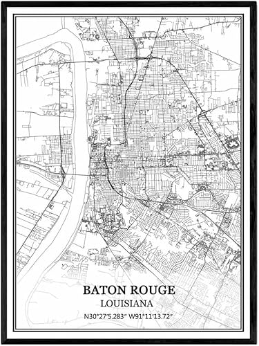 TANOKCRS Baton Rouge Louisiana USA - Póster impreso en lienzo con diseño de mapa de Estados Unidos, sin marco, moderno, en blanco y negro, regalo de