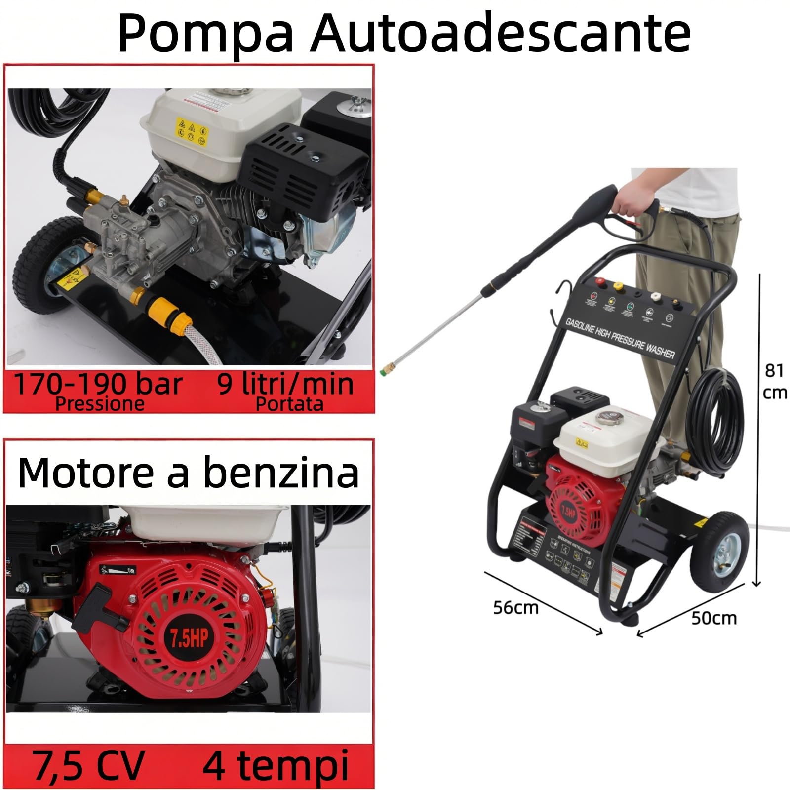 Idropulitrice a Scoppio 4 Tempi 7,5 CV Portatile 190 Bar Idropulitrice Professionale Portata 540 L/h con 5 ugelli Pompa Autoadescante con 10M Tubo Pistola Idropulitrice ad Alta Pressione