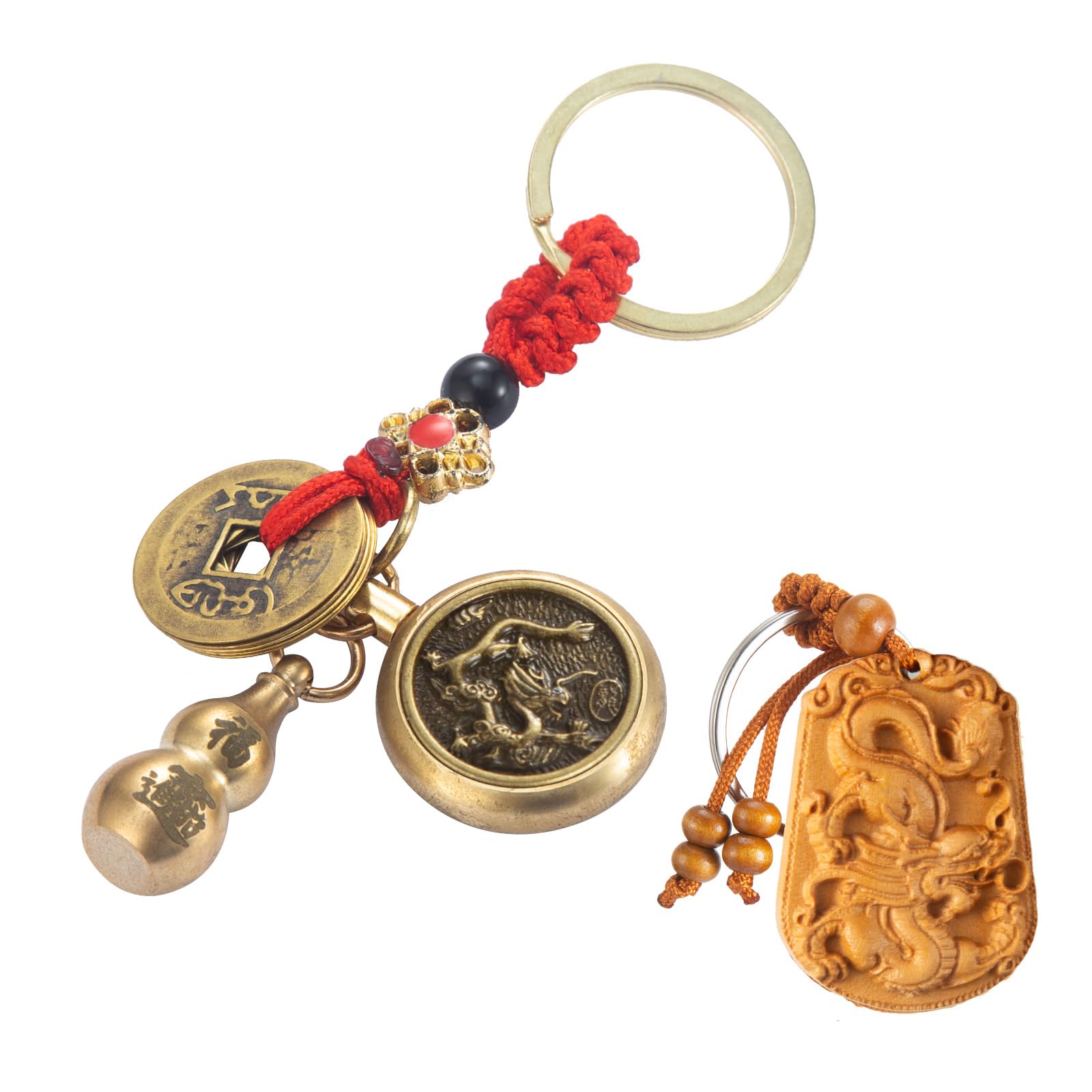 Wangenbro 2 in 1 Feng Shui Wu Lou Brass Gourd 12 Zodiac Wood Carved Lucky Key Chain - Chinese Style Gift for Collecting and Gifting(Dragon)