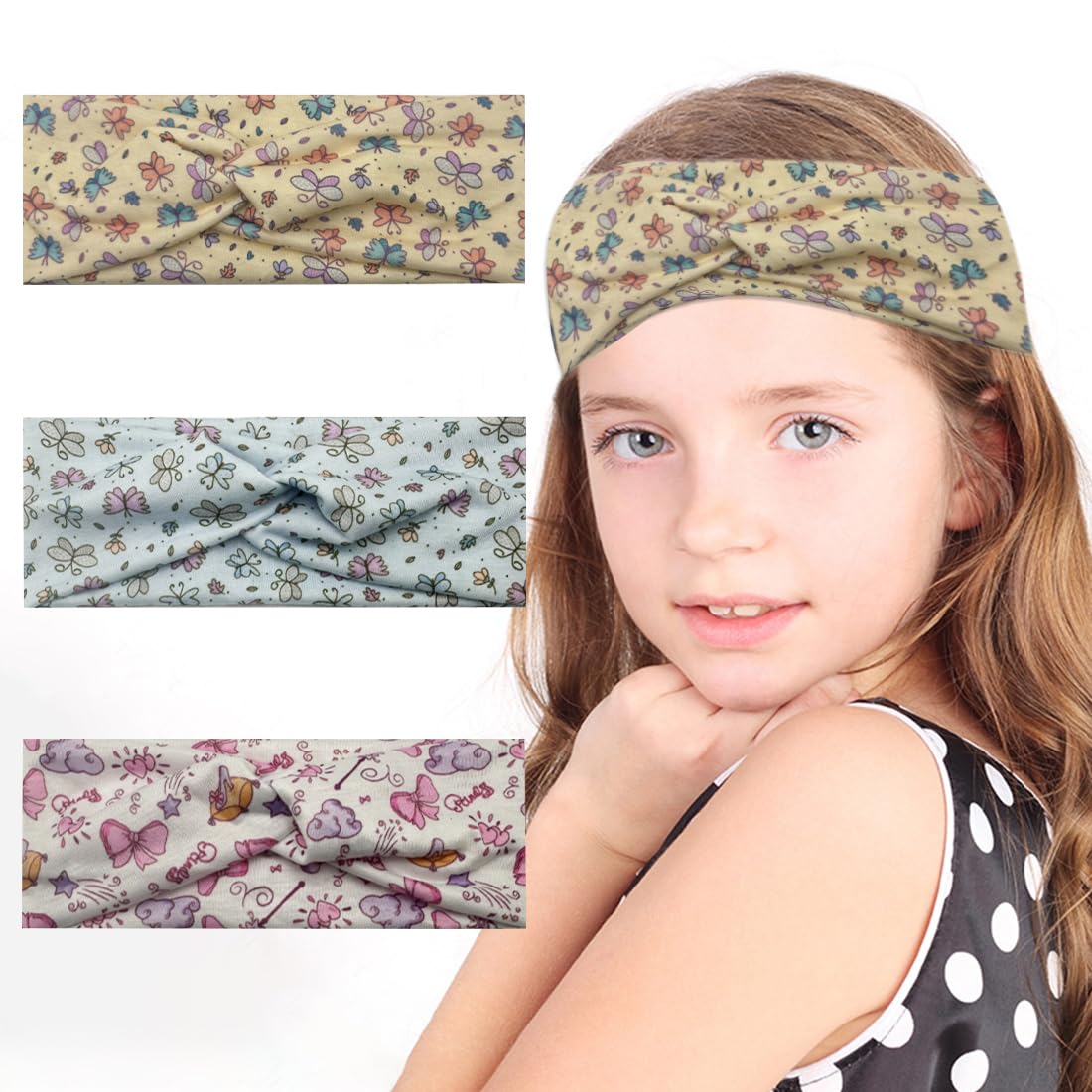 VODAFQS 3 Piezas Cinta Elástica Pelo para Niña Diadema para Niños, Diadema para Niñas, Accesorios para el Cabello, Gorros, Banda Elástica con Nudo, Mariposa, Diadema Ancha