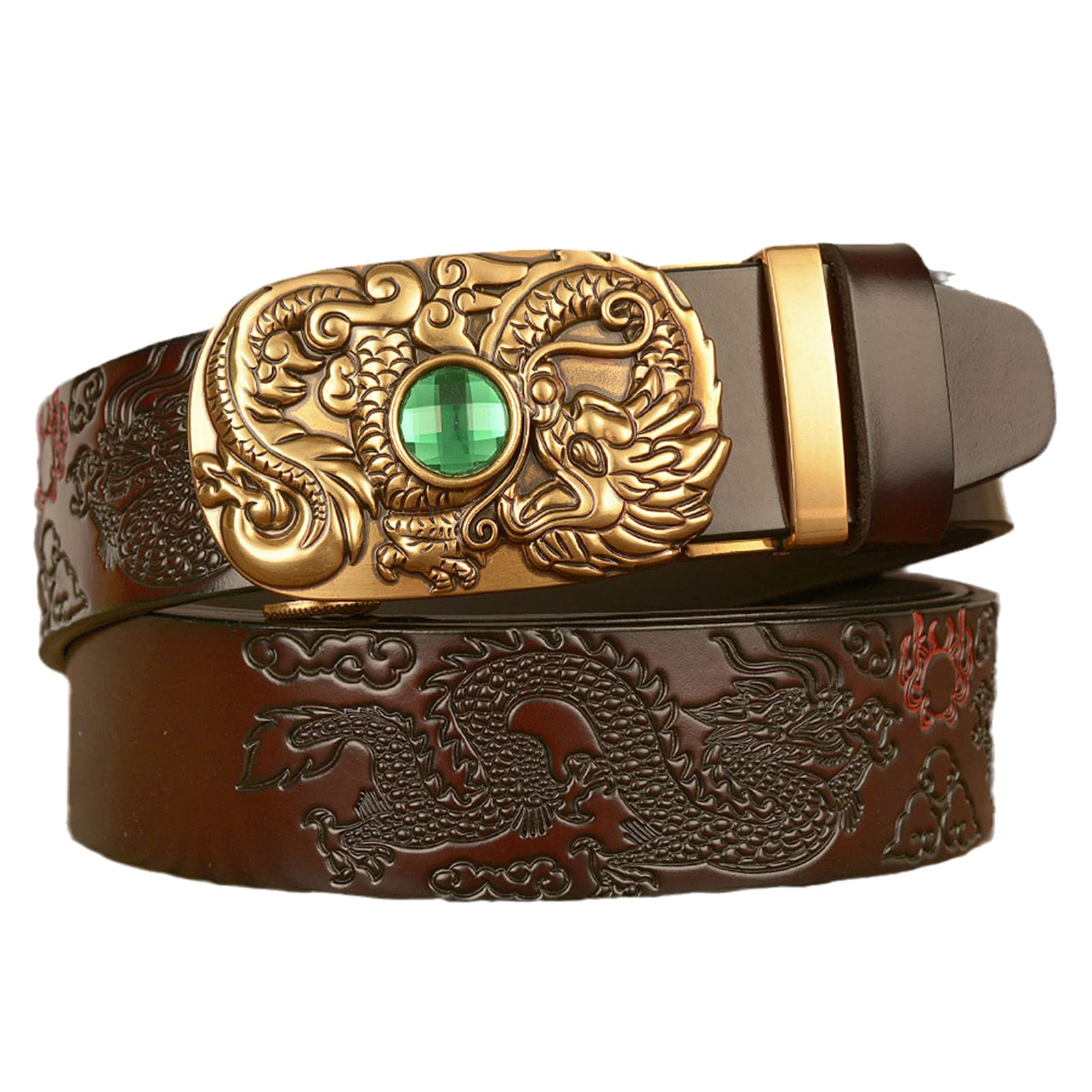 Cinturón De Piel Vacuno Con Trinquete Grabado For Hombre, Hebilla Automática Deslizante Dragón Dorado, Correa Estilo Western 35 Mm
