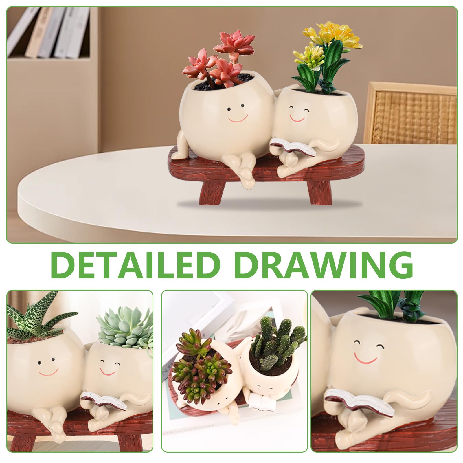 Vaso de flores con carita sonriente, grande, columpio, para interiores, columpio, con orificio de drenaje, 2 macetas con plantas carnosas