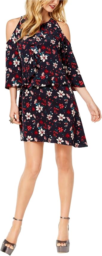 RACHEL ZOE Womens Floral Print Cold Shoulder Shift Dress Blue XS