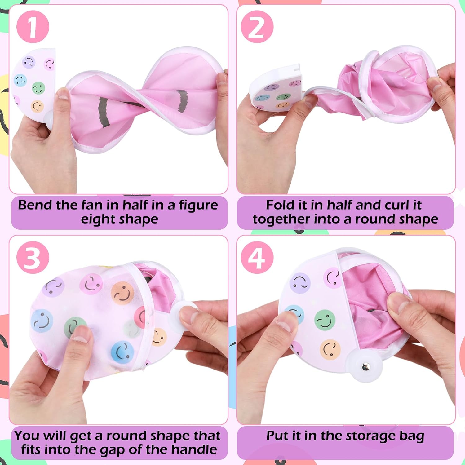 Geelin 8 Pcs Smile Face Folding Fans Handheld Foldable Fan with Storage Bag Groovy Smile Face Themed Party Decoration Preppy Graduation Summer Party Favor Gifts for Friends Family Women Men image 3